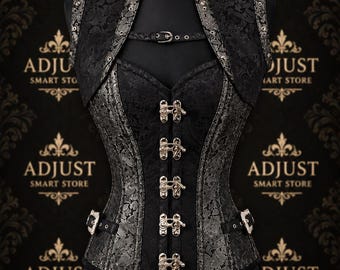 Corsé de brocado negro y cuero con tachuelas – Bustier gótico punk