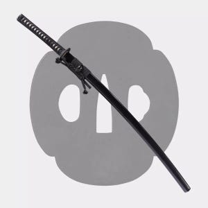 May include: A black katana sword with a textured handle and a black scabbard. The sword is positioned diagonally against a gray, stylized background. The handle is wrapped with black cord.