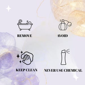 Puede incluir: Gr&aacute;fico con cuatro iconos de arte lineal negro y texto sobre un fondo lavanda y dorado. Los iconos incluyen una ba&ntilde;era, un frasco de perfume, una mano limpiando y un pulverizador. El texto dice: REMOVE, AVOID, KEEP CLEAN y NEVER USE CHEMICAL.