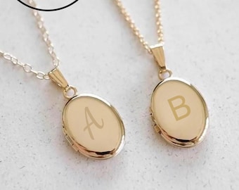 Medallón ovalado con foto y letra inicial, recuerdo, regalo para damas de honor, collar grabado, chapado en oro, plata, oro macizo de 14 quilates