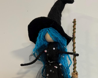 Midnight Sparkle Kitchen Witch, Electric Blue Hair Art Doll, Silver Sequin Dress, Galaxy Altar Decor, Glamour Witch Poppet, Good Luck Gift