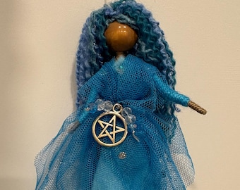 Blue Sea Witch Art Doll | Posable Water Element Poppet with Pentacle | Ocean Altar Decor
