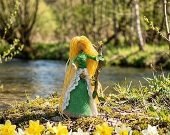 Spring Goddess Art Doll, Ostara Altar Decor, Vernal Equinox Gift, Maiden Mother Crone, Green & Yellow Witch, Leaf Staff, Rebirth Charm