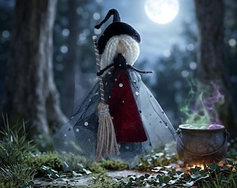 White Hair Kitchen Witch, Wise Woman Art Doll, Burgundy Hearth Decor, Crone Goddess Poppet, Good Luck Altar Gift, Polka Dot Tulle