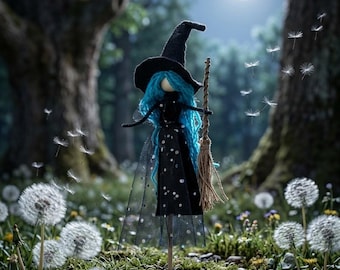 Midnight Sparkle Kitchen Witch, Electric Blue Hair Art Doll, Silver Sequin Dress, Galaxy Altar Decor, Glamour Witch Poppet, Good Luck Gift