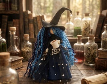 Coffee Kitchen Witch, Caffeine Queen Art Doll, Barista Gift, Blue Hair Altar Decor, Morning Ritual Charm, Miniature Latte Cup