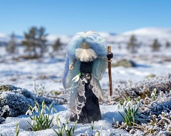 Winter Solstice Goddess Art Doll, Yule Altar Decor, Ice Queen Spirit, Blue Wool Hair, Snowdrop Charm, Imbolc Gift, Frost Staff
