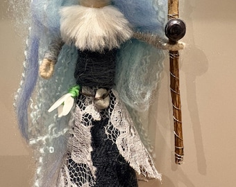 Winter Solstice Goddess Art Doll, Yule Altar Decor, Ice Queen Spirit, Blue Wool Hair, Snowdrop Charm, Imbolc Gift, Frost Staff