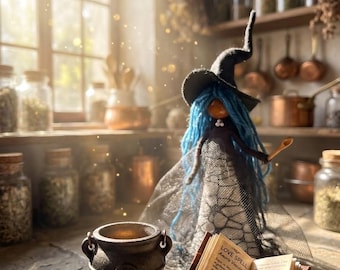 Spiderweb Kitchen Witch, Blue Hair Potion Brewer, Wooden Spoon Art Doll, Gothic Hearth Decor, Spooky Housewarming Gift, Web Lace