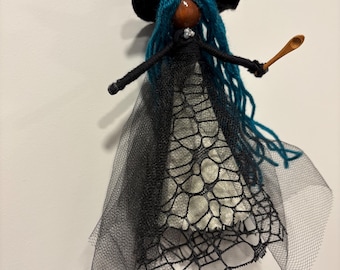 Spiderweb Kitchen Witch, Blue Hair Potion Brewer, Wooden Spoon Art Doll, Gothic Hearth Decor, Spooky Housewarming Gift, Web Lace