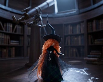 Celestial Spellcaster Witch, Wishing Star Art Doll, Orange Hair Altar Decor, Good Luck Charm, Moon & Star Magic, Poseable Pagan Gift