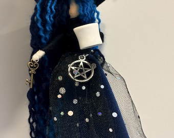 Coffee Kitchen Witch, Caffeine Queen Art Doll, Barista Gift, Blue Hair Altar Decor, Morning Ritual Charm, Miniature Latte Cup