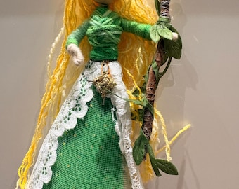 Spring Goddess Art Doll, Ostara Altar Decor, Vernal Equinox Gift, Maiden Mother Crone, Green & Yellow Witch, Leaf Staff, Rebirth Charm