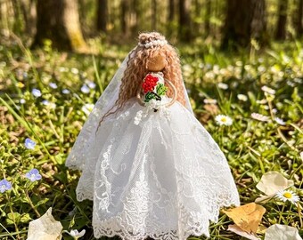 Miniature Bride Posable Figure | Blonde Hair Wedding Doll with Beaded Bouquet | Unique Bridal Gift