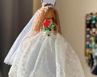Miniature Bride Posable Figure | Blonde Hair Wedding Doll with Beaded Bouquet | Unique Bridal Gift