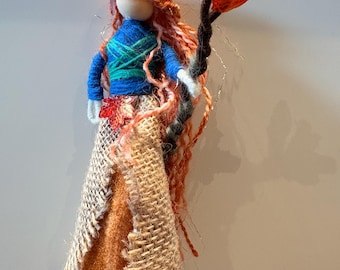 Autumn Goddess Art Doll, Harvest Spirit, Fire Element Altar Decor, Mabon Samhain Gift, Rustic Burlap Witch, Flaming Staff, Nature Table