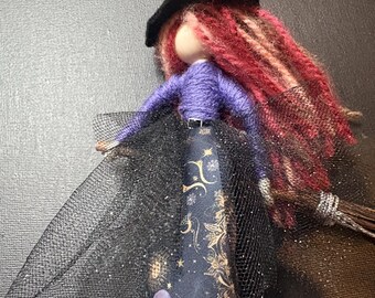Celestial Kitchen Witch, Starry Night Art Doll, Flying Broomstick Decor, Galaxy Altar Charm, Purple & Gold Witch, Moon Child Gift