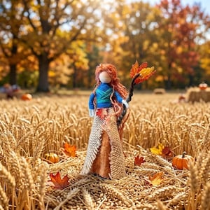 May include: A handcrafted peg doll with long orange yarn hair, wearing a blue yarn top and a textured burlap skirt. The figure holds a dark twisted staff topped with orange and yellow fabric leaves, standing upright amidst a field of wheat.