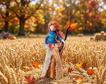 Autumn Goddess Art Doll, Harvest Spirit, Fire Element Altar Decor, Mabon Samhain Gift, Rustic Burlap Witch, Flaming Staff, Nature Table