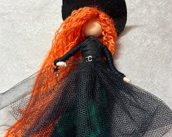 Celestial Spellcaster Witch, Wishing Star Art Doll, Orange Hair Altar Decor, Good Luck Charm, Moon & Star Magic, Poseable Pagan Gift