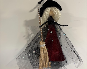 White Hair Kitchen Witch, Wise Woman Art Doll, Burgundy Hearth Decor, Crone Goddess Poppet, Good Luck Altar Gift, Polka Dot Tulle
