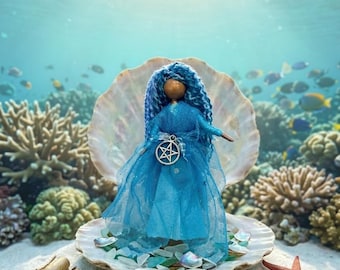 Blue Sea Witch Art Doll | Posable Water Element Poppet with Pentacle | Ocean Altar Decor