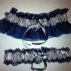 Silver and Navy Blue Wedding Garter or Set - Something Blue Garter - Winter Holiday Wedding - Plus Size & other Charms Available