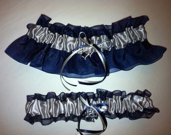 Silver and Navy Blue Wedding Garter or Set - Something Blue Garter - Winter Holiday Wedding - Plus Size & other Charms Available