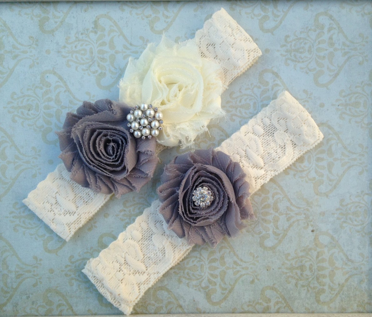 Womens Wedding Garter Set Lace Chiffon Flowers Pearl Rhinestone for Party