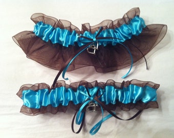 Cowboy Hat Turquoise and Brown Wedding Garter or Set - Something Blue - Western Wedding - Plus Size and Other Charms & Colors Available