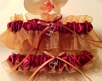 Garter for a wedding Set of 2 Personalized Gold and burgundy wedding Wedding garters Wedding burgundy Garter wedding Burgundy weddings
