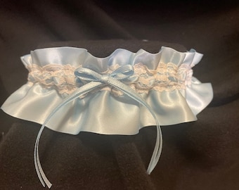 Light Blue Satin and White Lace Bridal Wedding Keepsake Garter or set, plus size and other colors available - Something Blue Garter