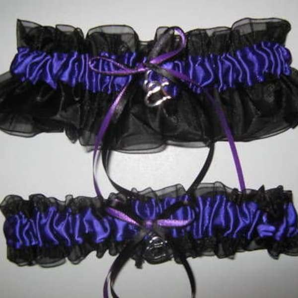 MOTORCYCLE CHARM Purple and Black Wedding Garter or Set -  Biker Wedding - Plus Size and Other Charms Available - Prom Garter - Harley