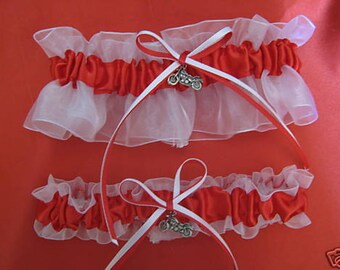 Double Hearts Red and White Wedding Bridal Garter or Set -  Plus Size Also - Other Charms Available - Prom Garter