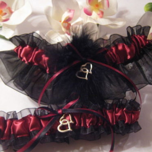 Burgundy & Black Garter (or) Set - Silver Double Heart Charm w/marabou feathers - Valentine's Day Wedding -Plus Size Also -see pic for charm