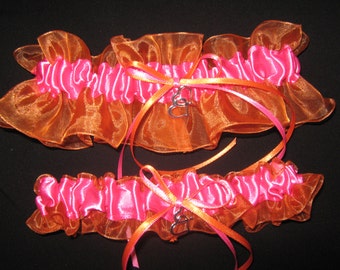 Hot Pink and Orange Wedding Garter or Set - Plus Size and other Charms and Colors Available - Bridal Garter