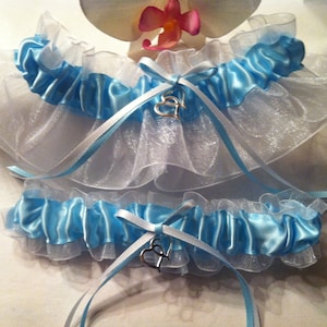 Fireman Helmet Light Blue and White Wedding Garter or Set - Something Blue Garter - Firefighter Wedding - Plus Size & other Charms Available