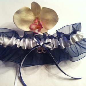 White and Navy Wedding Garter or Set - Plus Size Also -  Choose Your Charm -Handcuffs, Anchor, Double Hearts, Starfish, Playing Cards & more