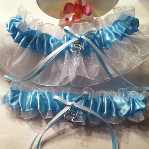 Four Leaf Clover Light Blue and White Wedding Garter or Set - Something Blue Garter - Irish Wedding - Plus Size & other Charms Also