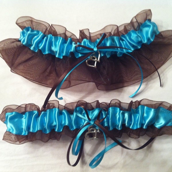 Turquoise and Brown Wedding Garter or Set - Something Blue Garter - Plus Size & Other Charms Available - Double Heart Charm