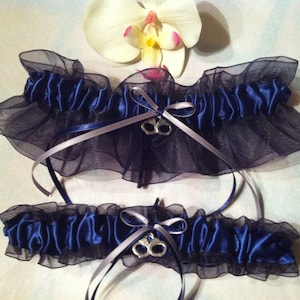 Skull Navy Blue and Black Wedding Garter or Set - Something Blue Garter - Gothic Wedding - Hallowen - Plus Size & other Charms Available