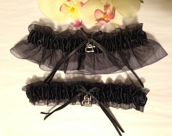 Black Wedding Bridal Garter or Set -  Double heart charm - Plus Size & Other Charms Available - Prom Garter