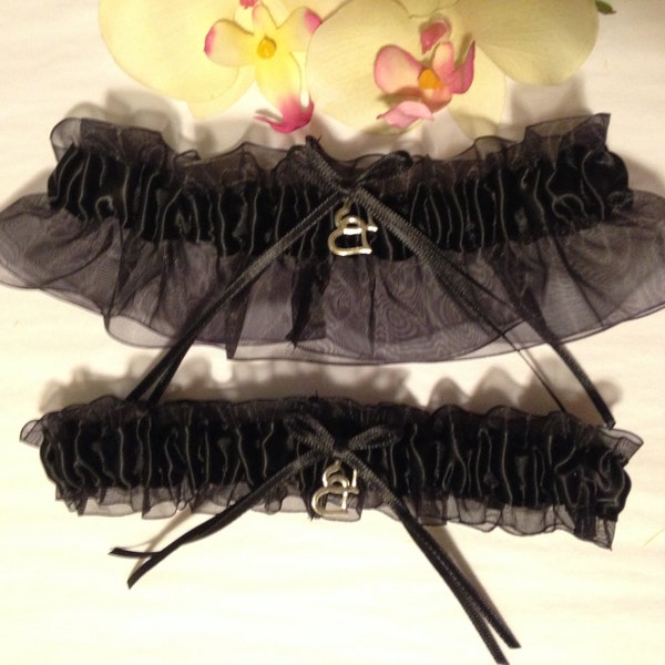 Black Bridal Wedding Garter or Set - Halloween Wedding - Double Heart Charm or Jack-O-Lantern- Plus Size and Other Charms & Colors Available