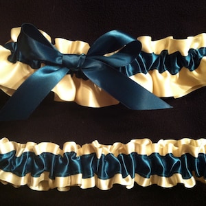 Teal & Ivory Satin Bridal Wedding Garter Set ~ Available in Plus and in Custom Colors
