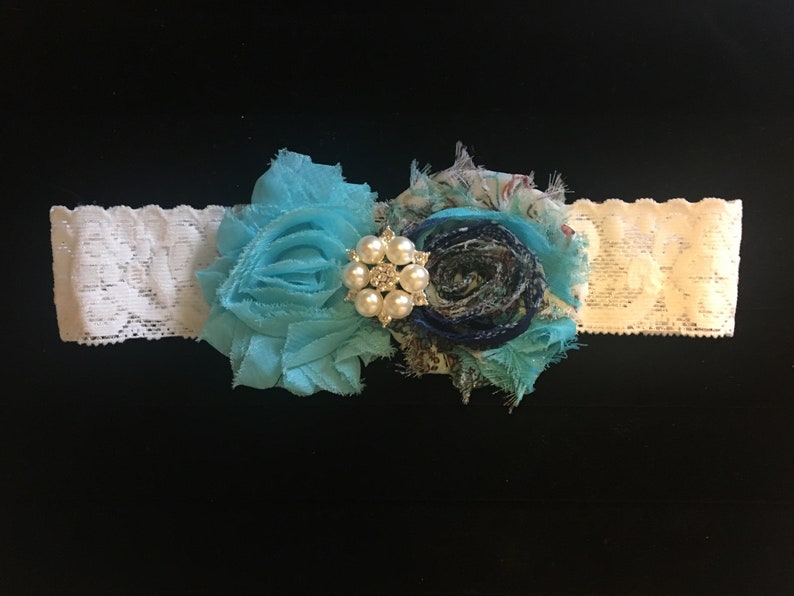 Turquoise Lace Keepsake Garter ~ Shabby Wedding Garter Rhinestone and Pearl Accents ~ Something Blue