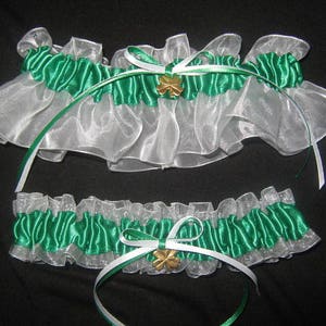 Acorn Green and White Wedding Garter or Set - Acorn charm - Fall Irish Wedding - Plus Size and other Charms Available - Cinderella Wedding