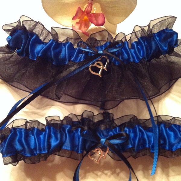 MOTORCYCLE CHARM Royal Blue and Black Wedding Garter or Set - Something Blue Garter - Biker Wedding - Plus Size & other Charms Available