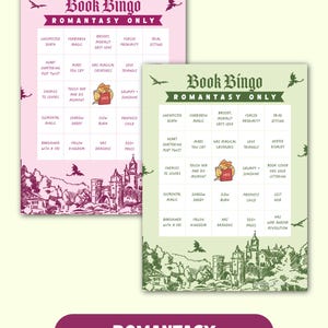 Pode incluir: Duas cartelas de Book Bingo para Romantasy, uma rosa e uma verde-clara. Cada cartela apresenta uma grade com textos como Unexpected Death, Forbidden Magic e Slow Burn, além de um espaço central Free com um dragão. Um castelo aparece na base.
