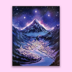 May include: An acrylic painting depicts a nighttime landscape with a mountain range, a river, and a city. The sky is filled with stars and shooting stars. The city lights glow, and the overall color palette is purple and blue.