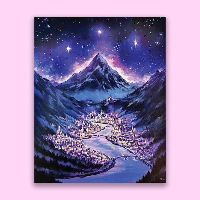May include: An acrylic painting depicts a nighttime landscape with a mountain range, a river, and a city. The sky is filled with stars and shooting stars. The city lights glow, and the overall color palette is purple and blue.